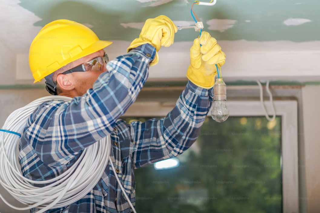 Électricien en intervention avec casque de sécurité et équipement professionnel